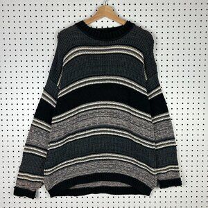 Perry Ellis Knit Sweater Medium Grandpa 90s Chunky Striped Cotton Black‎ Brown